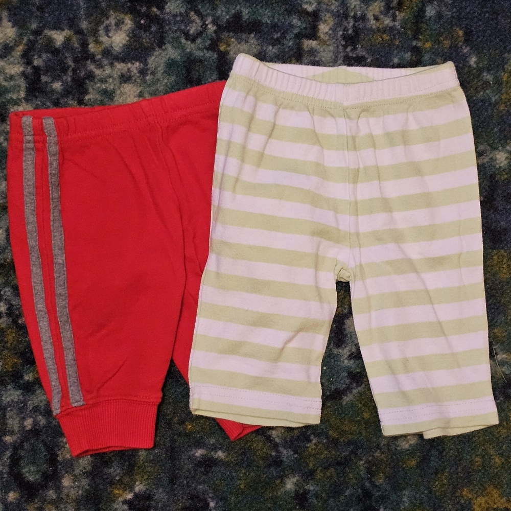 2 Pair Carter's 3 Months Red Joggers and Green Striped Pants